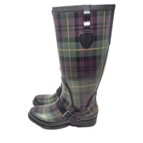 L.L. Bean | Womens Wellies Rain Boots Plaid Purple Green - Picture 5 of 14